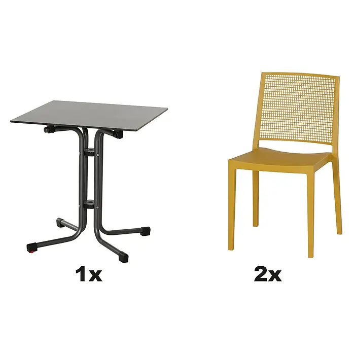 Siena Garden Urban Lights Gartenmöbel-Set Square Stuhl/Sola Tisch - 3 -tlg., Polypropylen, Mustard/Anthrazit - Grauer Klapptisch und zwei gelbe Stühle mit Netzstruktur.