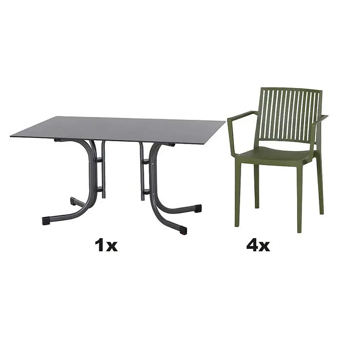 Siena Garden Urban Lights Gartenmöbel-Set Sessel Lane/Tisch Sola - 5 -tlg., Polypropylen, Olive/Anthrazit - Produktbild: Ein Gartentisch mit vier Stühlen. Der Tisch ist grau, die Stühle sind grün. Praktisch für den Garten oder die Terrasse.