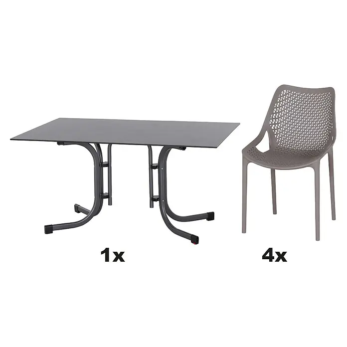 Siena Garden Urban Lights Gartenmöbel-Set District Sessel/Sola Tisch - 5 -tlg., Polypropylen, Taupe/Anthrazit - Das Bild zeigt ein Gartenset bestehend aus einem grauen Tisch und vier passenden Stühlen mit einem attraktiven, offenen Design.