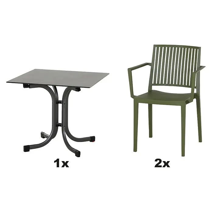 Siena Garden Urban Lights Gartenmöbel-Set Lane Sessel/Sola Tisch - 3 -tlg., Polypropylen, Olive/Anthrazit - Abbildung eines Gartentisches und zwei passenden Stühle.