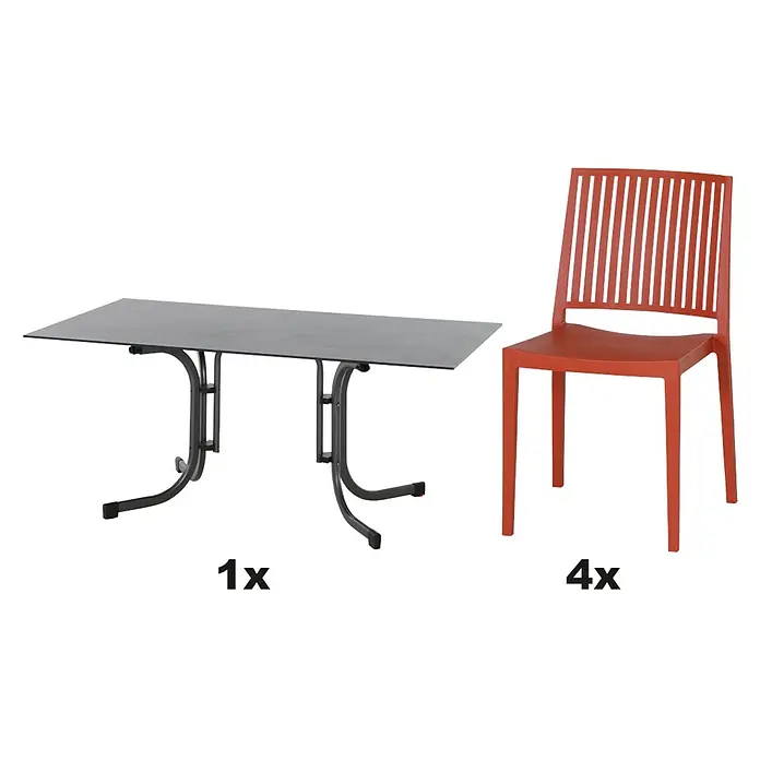 Siena Garden Urban Lights Gartenmöbel-Set Lane Stuhl /Sola Tisch - 5 -tlg., Polypropylen, Brick/Anthrazit - Abbildung eines schwarzen Gartentisches (1x) und vier orangefarbener Stühle (4x) für den Außenbereich, ideal für Mahlzeiten im Freien.