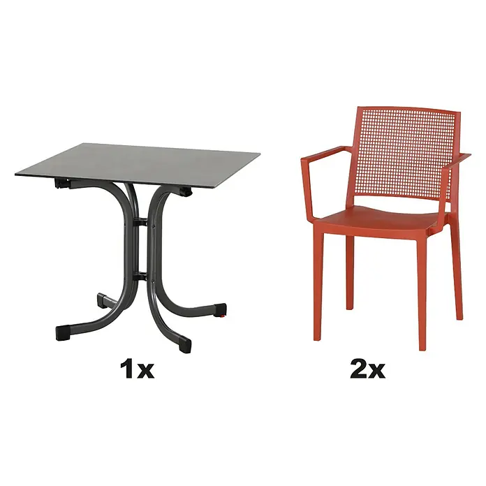 Siena Garden Urban Lights Gartenmöbel-Set Square Sessel/SolaTisch - 3 -tlg., Polypropylen, Brick/Anthrazit - Möbelset bestehend aus einem grauen Tisch und zwei orangefarbenen Stühlen mit Armlehnen und Gittermuster im Rücken.