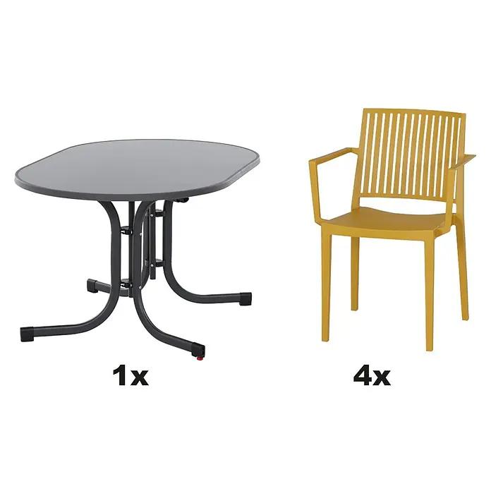 Siena Garden Urban Lights Gartenmöbel-Set Lane Sessel/Paco Tisch - 5 -tlg., Polypropylen, Mustard/Anthrazit - Ein Gartentisch mit einer grauen Tischplatte und einem schwarzen Gestell sowie vier gelbe Gartenstühle mit Armlehnen.