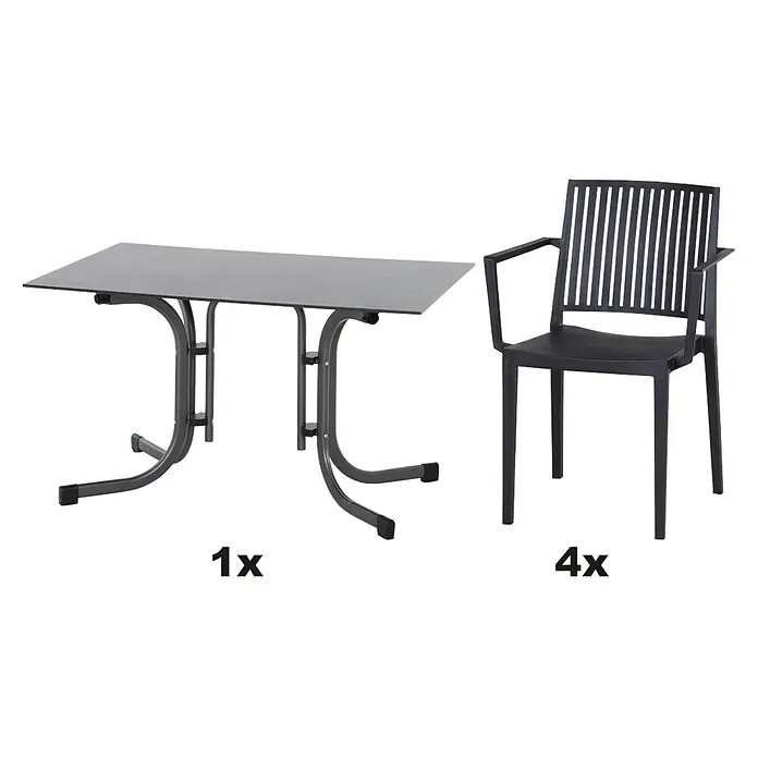 Siena Garden Urban Lights Gartenmöbel-Set Lane Sessel/gr.Sola Tisch - 5 -tlg., Polypropylen, Anthrazit - Bild eines Gartensets mit einem Tisch und vier passenden Stühlen, ideal für den Außenbereich.