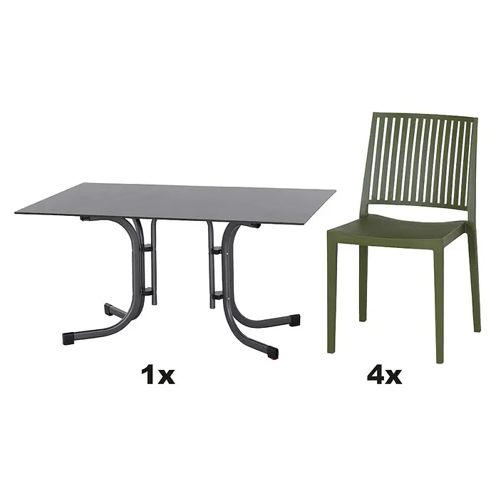 Siena Garden Urban Lights Gartenmöbel-Set Lane Stuhl /Sola Tisch - 5 -tlg., Polypropylen, Olive/Anthrazit - Gartenset bestehend aus einem Tisch und vier grünen Stühlen. Ideal für den Garten oder die Terrasse, um Mahlzeiten im Freien zu genießen.