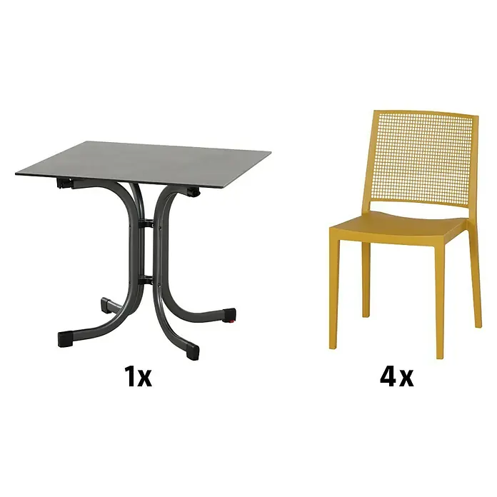 Siena Garden Urban Lights Gartenmöbel-Set Square Stuhl/Sola Tisch - 5 -tlg., Polypropylen, Mustard/Anthrazit - Bild eines Esstischsets mit einem grauen Tisch und vier gelben Stühlen.