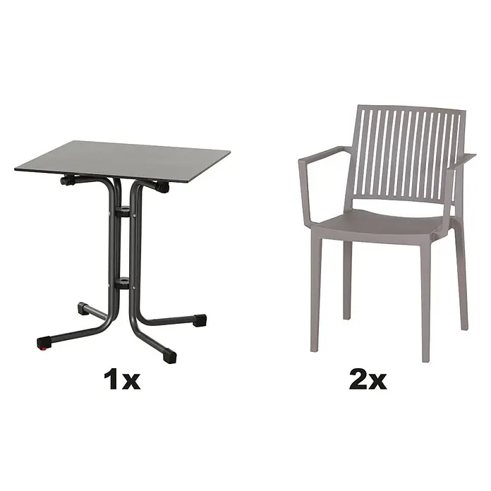 Siena Garden Urban Lights Gartenmöbel-Set Lane Sessel/Sola Tisch - 3 -tlg., Polypropylen, Taupe/Anthrazit - Bild eines Bistrotisches und zwei Stühle für den Außenbereich. Der Tisch ist klappbar und die Stühle sind stapelbar und aus grauem Kunststoff.
