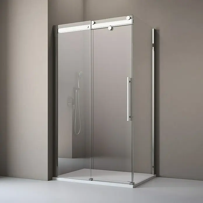 Camargue Dusch-Schiebetür Top-Roller - 120 x 210 cm, Klar, 6 mm, DIN Anschlag: Links - Bild einer modernen Duschkabine mit Schiebetür und klarem Glas, ideal für ein stilvolles Badezimmerdesign.