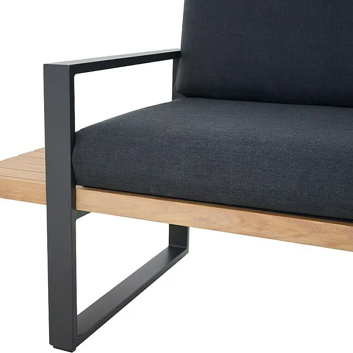 Siena Garden Urban Lights Loungemöbel-Set Bari - 2 -tlg., Aluminium, Teak/Anthrazit - Outdoor-Sitzmöbel mit dunkelgrauen Kissen, hellem Holzrahmen, schwarzer Metallarmlehne/Beinen und integriertem Latten-Beistelltisch.
