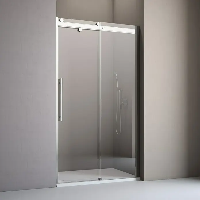 Camargue Dusch-Schiebetür Top-Roller - 120 x 210 cm, Klar, 6 mm, DIN Anschlag: Rechts - Elegante Schiebetür-Duschkabine mit klarem Glas und schlankem Rahmen, die ein modernes Badezimmerdesign ergänzt. Perfekt für zeitgemäße Bäder.