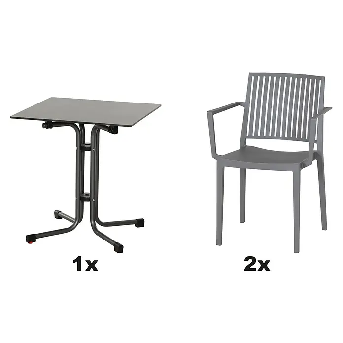 Siena Garden Urban Lights Gartenmöbel-Set Lane Sessel/Sola Tisch - 3 -tlg., Polypropylen, Grau/Anthrazit - Bild einer Klapptisch und zwei Stühle. Der Klapptisch ist grau und die zwei Stühle sind grau mit Armlehnen und vertikalen Latten.