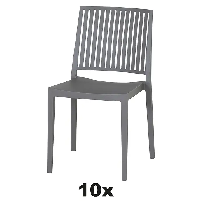 Siena Garden Urban Lights Stapelstuhl Set Lane - 10 Stk., Polypropylen, Stapelbar, Grau, B x T x H: 46 x 56 x 80 cm - Ein grauer, moderner Stuhl mit Lamellenmuster in der Rückenlehne, ideal für den Innen- und Außenbereich. Er ist stapelbar und wird im 10er-Pack angeboten.
