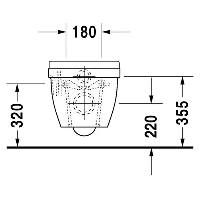 Duravit Starck 3 Wand-WC Compact - Mit Spülrand, Ohne Spezialglasur, Spülform: Tief, Sichtbarkeit Befestigung: Verdeckt, Weiß - Abbildung einer Wandtoilette mit Maßangaben. Technische Zeichnung mit Größenangaben in mm für Installationszwecke.