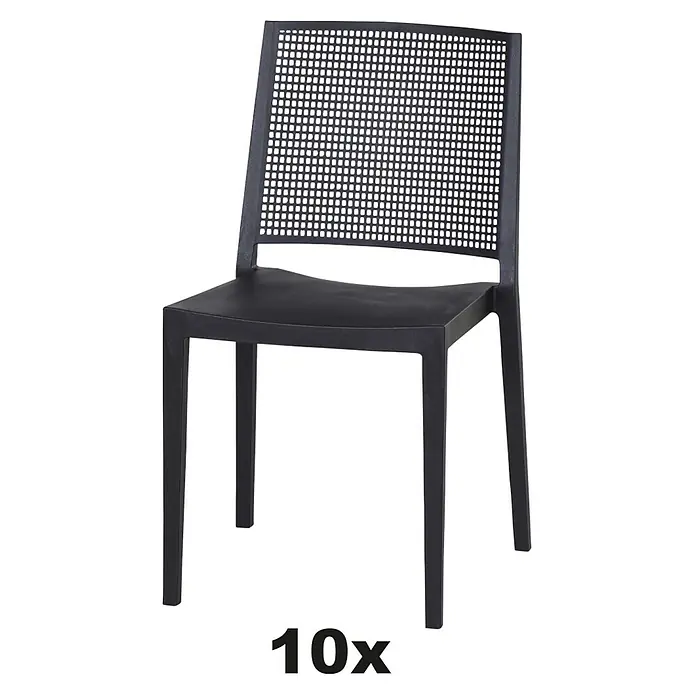 Siena Garden Urban Lights Stapelstuhl Set Square - 10 Stk., Polypropylen, Stapelbar, Anthrazit, B x T x H: 56 x 56 x 80 cm - Schwarzer Stuhl mit Rückenlehne mit quadratischem Gittermuster. Der Stuhl hat vier Beine und ist aus robustem Material gefertigt.