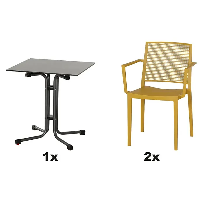 Siena Garden Urban Lights Gartenmöbel-Set Square Sessel/SolaTisch - 3 -tlg., Polypropylen, Mustard/Anthrazit - Produktbild mit einem grauen Klapptisch und zwei senfgelben Stühlen mit Armlehnen. Ideal für stilvolle und praktische Möbelarrangements.
