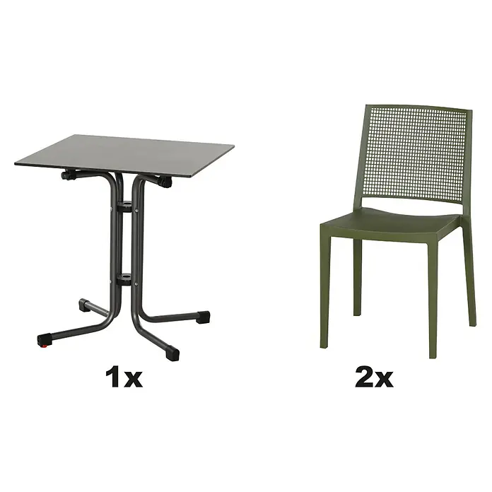 Siena Garden Urban Lights Gartenmöbel-Set Square Stuhl/Sola Tisch - 3 -tlg., Polypropylen, Olive/Anthrazit - Ein Klapptisch in Anthrazit und zwei olivgrüne Stühle mit Netzmuster im Rückenbereich.
