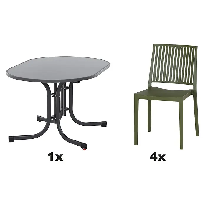 Siena Garden Urban Lights Gartenmöbel-Set Lane Stuhl/Paco Tisch - 5 -tlg., Polypropylen, Olive/Anthrazit - Bild eines grauen Gartentisches und vier grünen Gartenstühlen. Das Set ist ideal für Mahlzeiten im Freien und zur Entspannung.