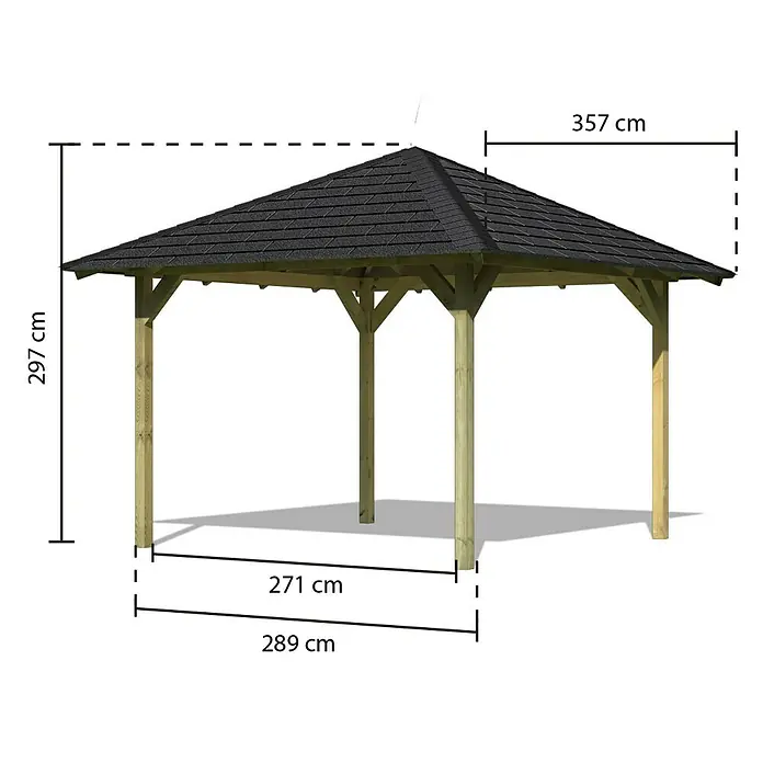 Karibu Pavillon Cordoba Set - 357 x 357 cm, Schwarz, Natur - Abbildung eines Pavillons mit Maßangaben. Die Grafik zeigt die Struktur und Abmessungen dieses Gartenpavillons.