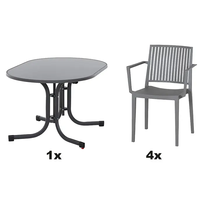 Siena Garden Urban Lights Gartenmöbel-Set Lane Sessel/Paco Tisch - 5 -tlg., Polypropylen, Grau/Anthrazit - Bild eines Gartensets mit einem Tisch und vier Stühlen. Das Set ist in einem neutralen Grauton gehalten und wirkt modern und einladend.
