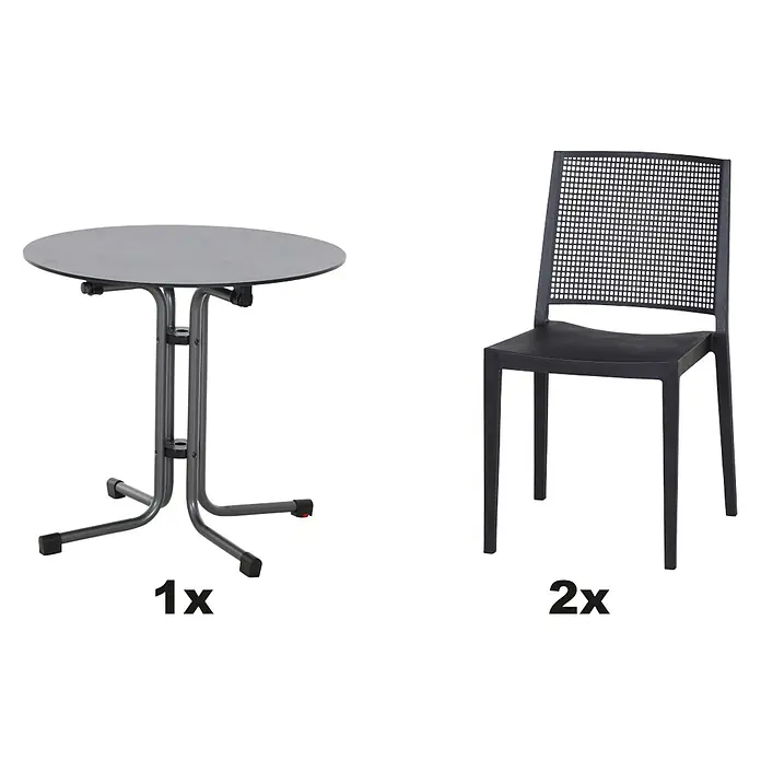 Siena Garden Urban Lights Gartenmöbel-Set Square Stuhl/Sola Tisch - 3 -tlg., Polypropylen, Anthrazit - Bild eines runden Tisches und zwei Stühle. Der Tisch hat ein Stahlgestell und die Stühle sind aus Kunststoff mit Netzmuster.