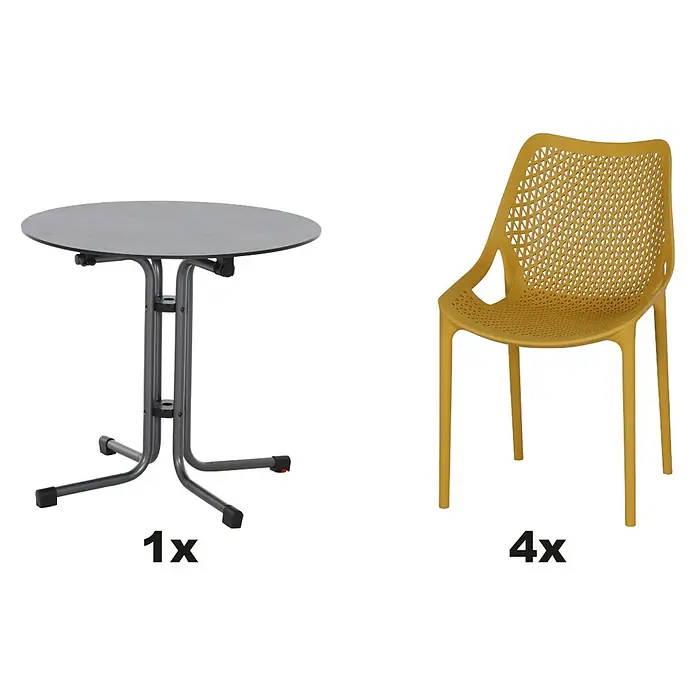 Siena Garden Urban Lights Gartenmöbel-Set District Sessel/Sola Tisch - 5 -tlg., Polypropylen, Mustard/Anthrazit - Bild von einem grauen Gartentisch und vier gelben Stühlen, die ein stilvolles und praktisches Outdoor-Set bilden.