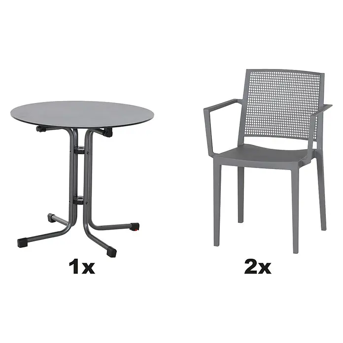 Siena Garden Urban Lights Gartenmöbel-Set Square Sessel/Sola Tisch - 3 -tlg., Polypropylen, Grau/Anthrazit - Bild eines Bistrosets mit einem grauen Tisch und zwei grauen Stühlen mit Armlehnen und Netzstruktur.
