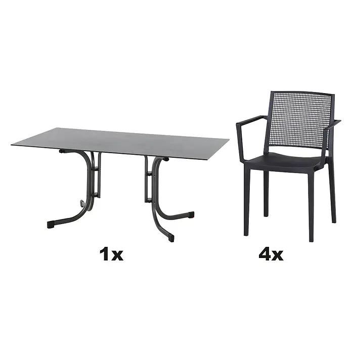 Siena Garden Urban Lights Gartenmöbel-Set Square Sessel/Sola Tisch - 5 -tlg., Polypropylen, Anthrazit - Bild eines Esstischsets mit einem Tisch und vier Stühlen. Das Set ist aus schwarzem Metall gefertigt und hat ein modernes Design.