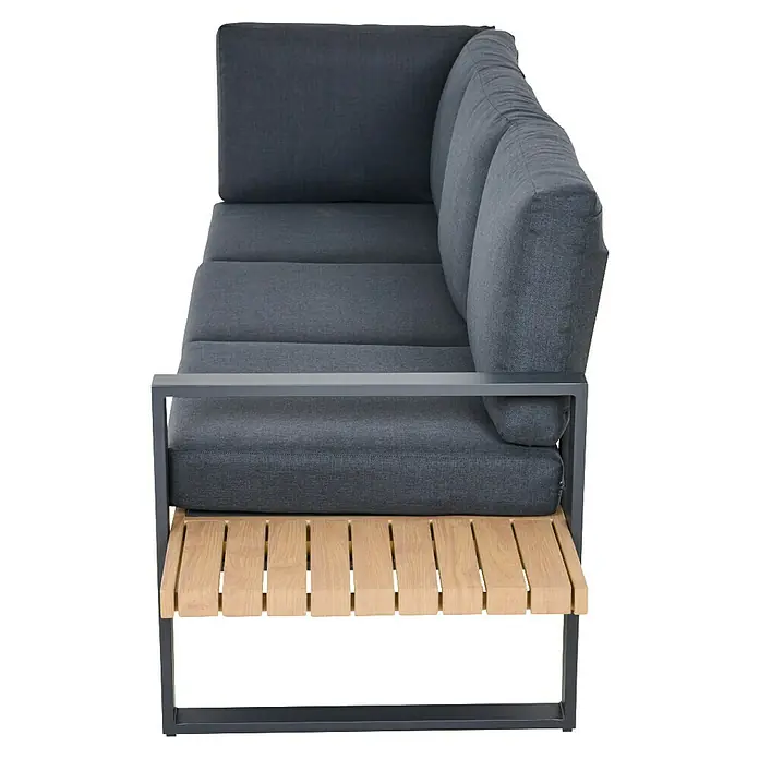 Siena Garden Urban Lights Loungemöbel-Set Bari - 2 -tlg., Aluminium, Teak/Anthrazit - Dunkelgraues Outdoor-Sofaelement mit heller Holzlatten-Seitenablage und dunkelgrauem Metallgestell.
