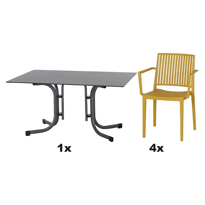 Siena Garden Urban Lights Gartenmöbel-Set Sessel Lane/Tisch Sola - 5 -tlg., Polypropylen, Mustard/Anthrazit - Produktbild eines Esstischs mit vier passenden gelben Stühlen für den Außenbereich.