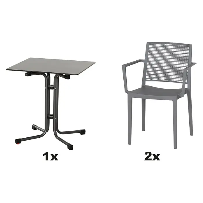 Siena Garden Urban Lights Gartenmöbel-Set Square Sessel/SolaTisch - 3 -tlg., Polypropylen, Grau/Anthrazit - Produktbild: 1x Tisch, klappbar, grau und 2x Stuhl, grau mit Armlehnen. Ideal für den flexiblen Einsatz im Innen- und Außenbereich.