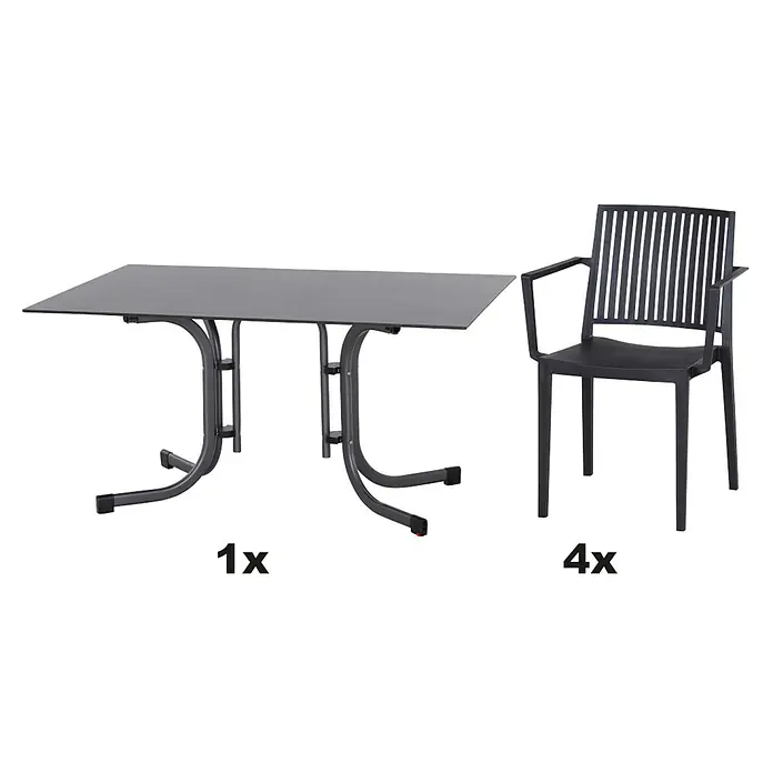 Siena Garden Urban Lights Gartenmöbel-Set Sessel Lane/Tisch Sola - 5 -tlg., Polypropylen, Anthrazit - Abbildung eines Gartentisches mit einem Stuhl. Das Set besteht aus einem Tisch und vier passenden Stühlen für den Außenbereich.
