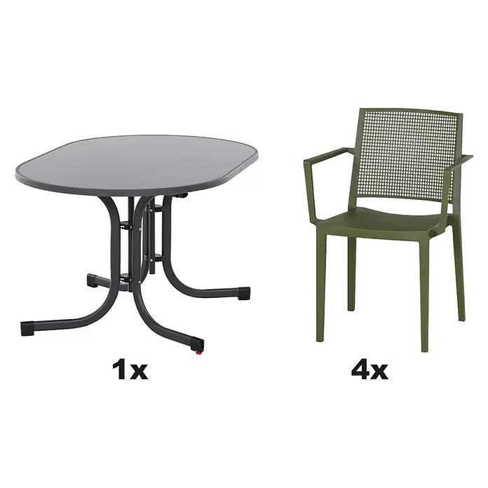Siena Garden Urban Lights Gartenmöbel-Set Square Sessel/Paco Tisch - 5 -tlg., Polypropylen, Melamin, Olive/Anthrazit - Gartenset bestehend aus einem grauen Tisch und vier grünen Stühlen mit Armlehnen, ideal für den Außenbereich.