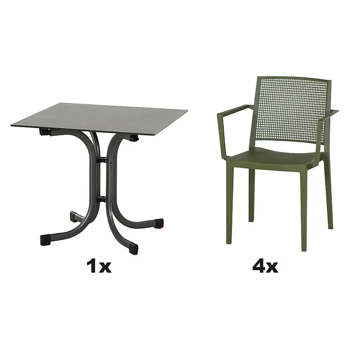 Siena Garden Urban Lights Gartenmöbel-Set Square Sessel/Sola Tisch - 3 -tlg., Polypropylen, Olive/Anthrazit - Bild eines Gartentisches mit vier Stühlen.