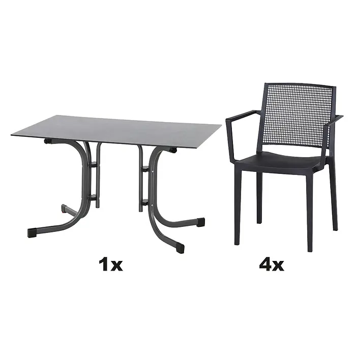 Siena Garden Urban Lights Gartenmöbel-Set Square Sessel/Sola Tisch - 5 -tlg., Polypropylen, Anthrazit - Abbildung eines grauen Gartentisches (1x) und vier grauen Gartenstühle (4x) mit Armlehnen und Gittermuster im Rückenbereich.
