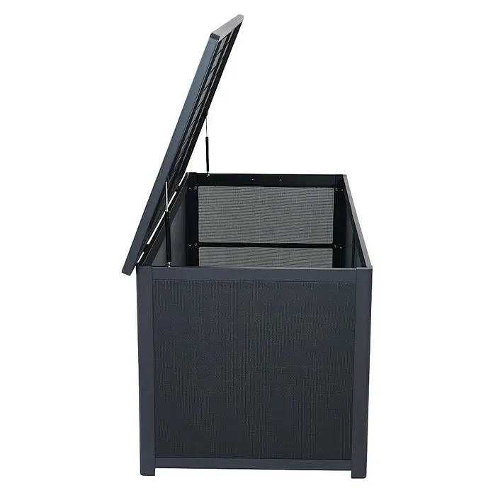 Siena Garden Garten-Aufbewahrungsbox Sabano - 181 x 79,3 x 75 cm, Aluminium, Anthrazit - Dunkelgraue Outdoor-Aufbewahrungsbox mit strukturierter Oberfläche. Der Deckel ist offen, gestützt von Gasdruckfedern, und zeigt einen Netzeinsatz.