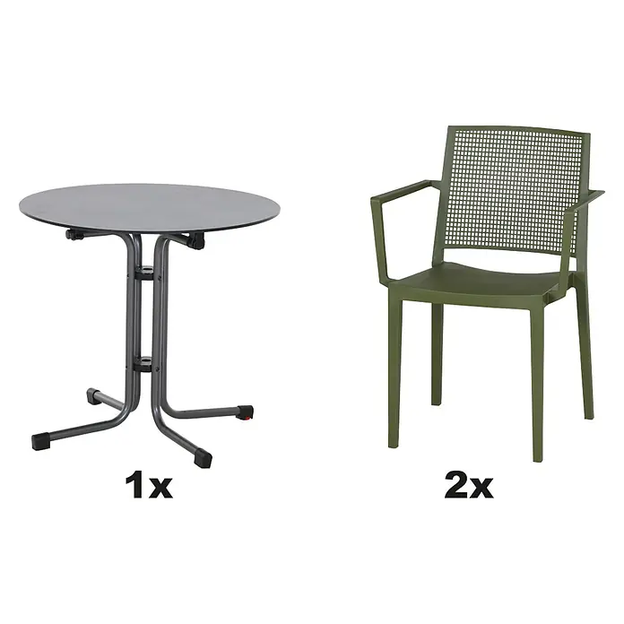 Siena Garden Urban Lights Gartenmöbel-Set Square Sessel/Sola Tisch - 3 -tlg., Polypropylen, Olive/Anthrazit - Produktbild von einem runden Tisch und zwei Stühlen.