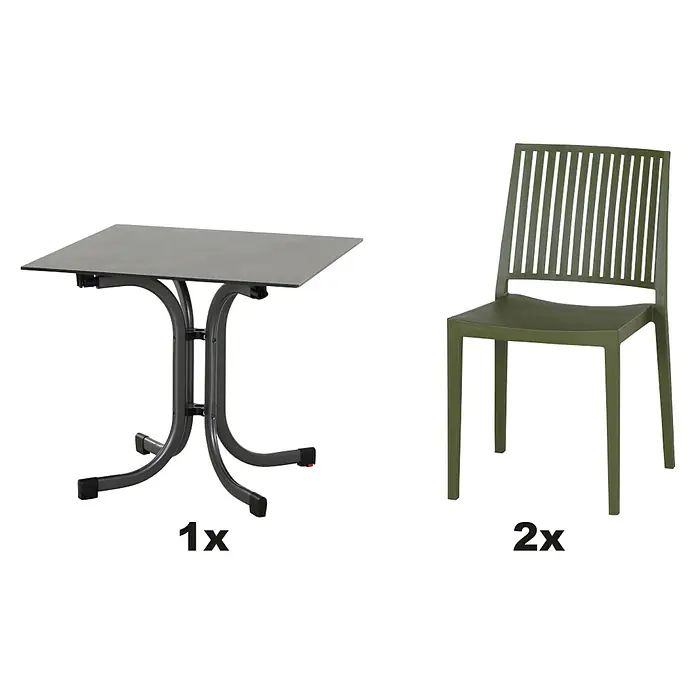 Siena Garden Urban Lights Gartenmöbel-Set Lane Stuhl/Sola Tisch - 3 -tlg., Polypropylen, Olive/Anthrazit - Bild eines grauen Gartentisches und zwei grüner Stühle. Praktisches Möbelset für den Außenbereich.