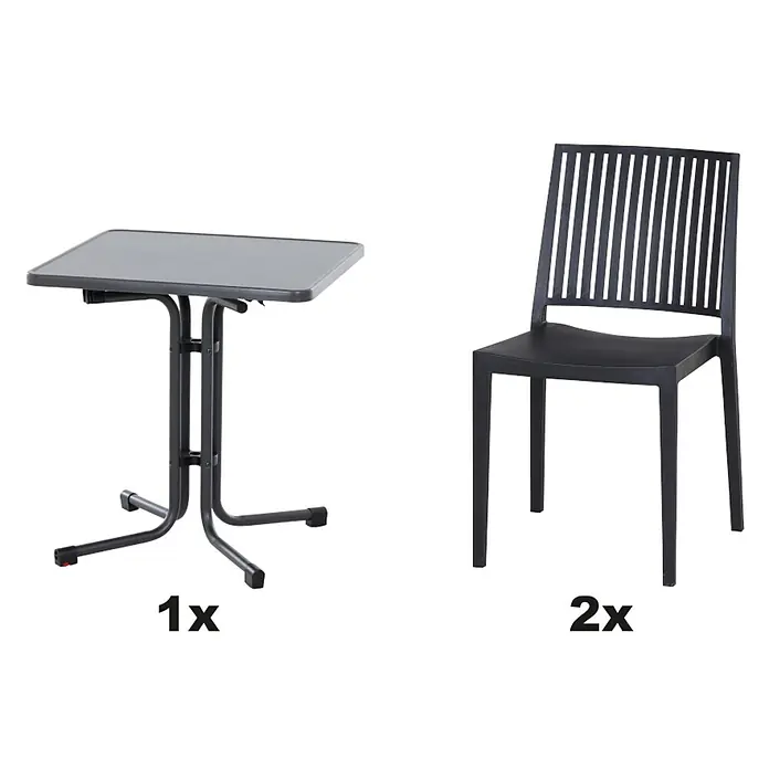 Siena Garden Urban Lights Gartenmöbel-Set Lane Stuhl/Paco Tisch - 5 -tlg., Polypropylen, Anthrazit - Produktbild: Ein Klapptisch und zwei Stühle in Schwarz, ideal für kleine Räume oder Balkone. Praktisch und stilvoll für den Außenbereich.