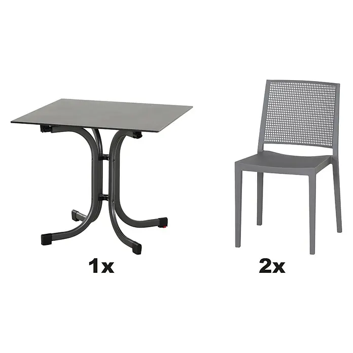 Siena Garden Urban Lights Gartenmöbel-Set Square Stuhl/Sola Tisch - 3 -tlg., Polypropylen, Grau/Anthrazit - Produktbild eines grauen Gartentisches und zwei passender Stühle, die sich perfekt für Mahlzeiten im Freien eignen.