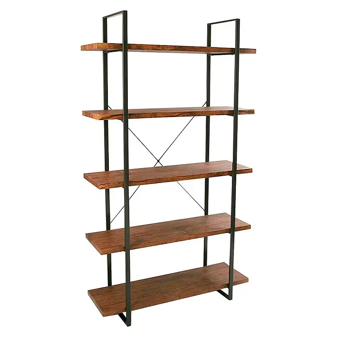 Versa Estantería de madera y metal - Al x An x Pr: 179 x 100 x 33 cm, Número de baldas: 5 ud., Atornillado, Nogal/Negro - Elegante estantería de cinco niveles. La estantería tiene estantes de madera y una estructura de metal negro para una apariencia moderna.