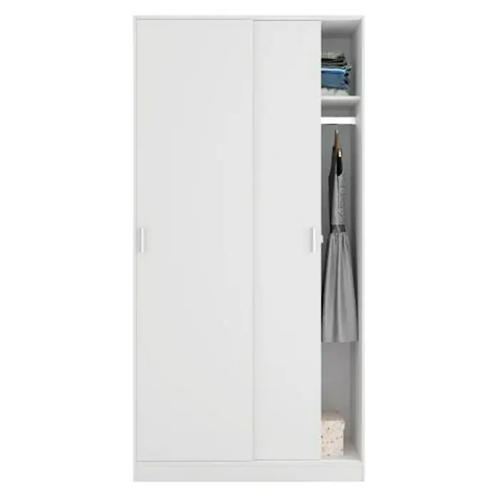 Armario de puertas correderas Max - L x An x Al: 50 x 100 x 200 cm, Blanco - Un armario blanco con puertas correderas, parcialmente abierto, muestra ropa y almacenamiento. Ideal para dormitorios y vestidores.