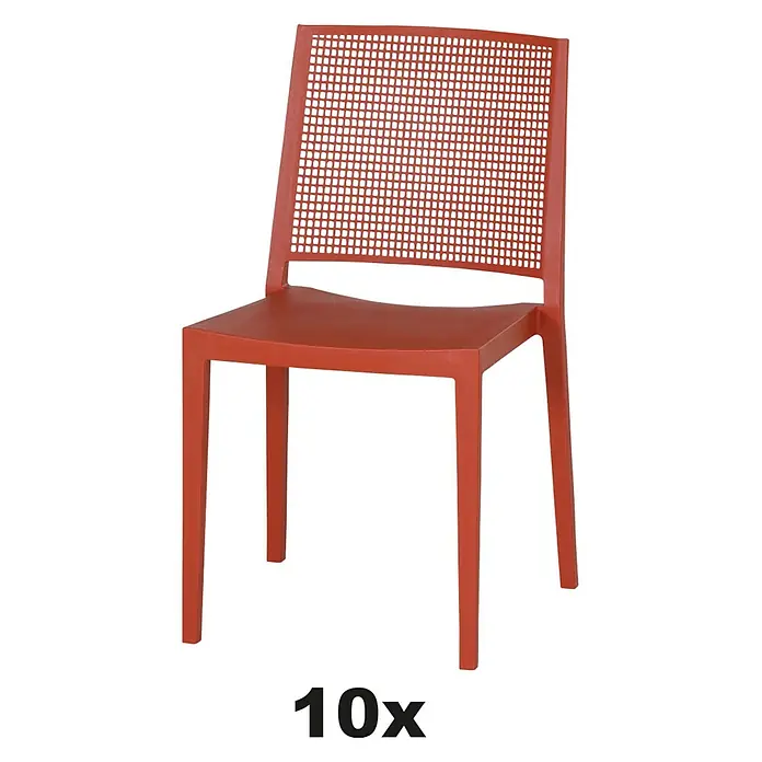 Siena Garden Urban Lights Stapelstuhl Set Square - 10 Stk., Polypropylen, Stapelbar, Brick, B x T x H: 56 x 56 x 80 cm - Roter Stuhl mit Netzmuster an der Rückenlehne. Ideal für den Garten oder die Terrasse und erhältlich im 10er-Pack für größere Veranstaltungen.