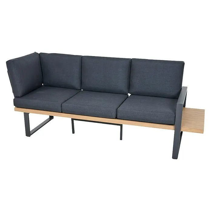 Siena Garden Urban Lights Loungemöbel-Set Bari - 2 -tlg., Aluminium, Teak/Anthrazit - Outdoor-Ecksofa mit dunkelgrauen Kissen, hellem Holzgestell und dunkelgrauem Metallrahmen, mit integriertem Beistelltisch rechts.
