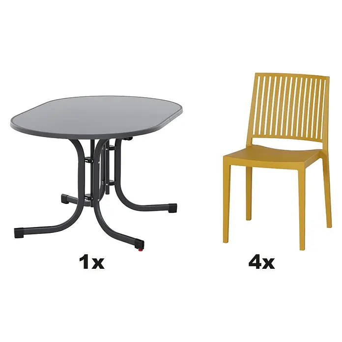 Siena Garden Urban Lights Gartenmöbel-Set Lane Stuhl/Paco Tisch - 5 -tlg., Polypropylen, Mustard/Anthrazit - Gartenmöbelset mit einem Tisch und vier gelben Stühlen. Das Set ist ideal für den Garten oder die Terrasse und bietet Platz für vier Personen.