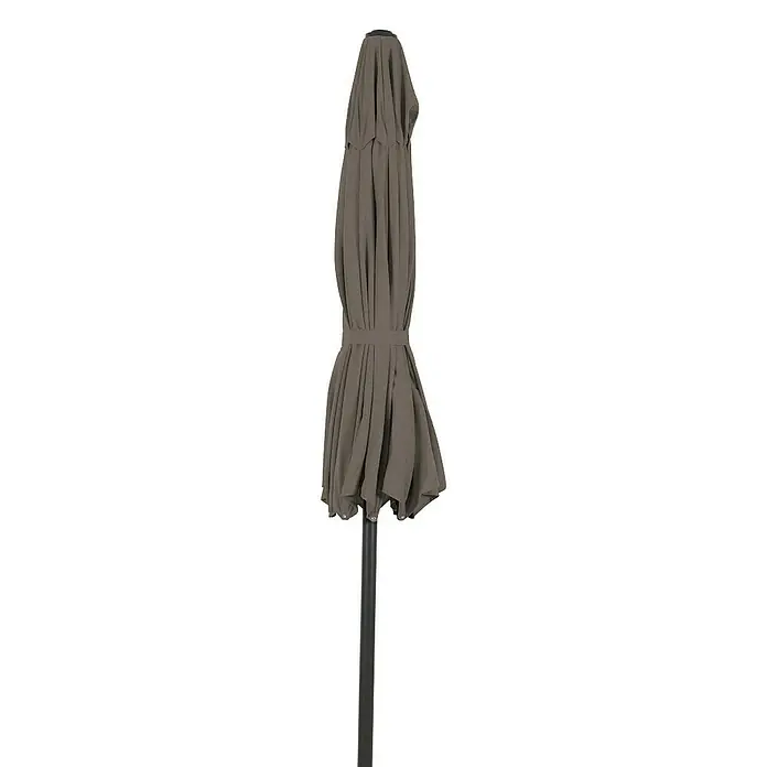 Siena Garden Marktschirm rund Bosco - Taupe, Durchmesser Bespannung: 300 cm - Geschlossener, brauner Sonnenschirm mit einem Band, das ihn zusammenhält, und einem schwarzen Mast.