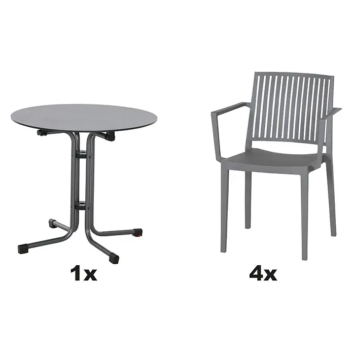 Siena Garden Urban Lights Gartenmöbel-Set Lane Sessel/Sola Tisch - 5 -tlg., Polypropylen, Hochdruck-Schichtpressstoff (HPL), Grau/Anthrazit - Möbelset bestehend aus einem grauen runden Tisch und vier grauen Stühlen mit Armlehnen und vertikalen Streben in der Rückenlehne.