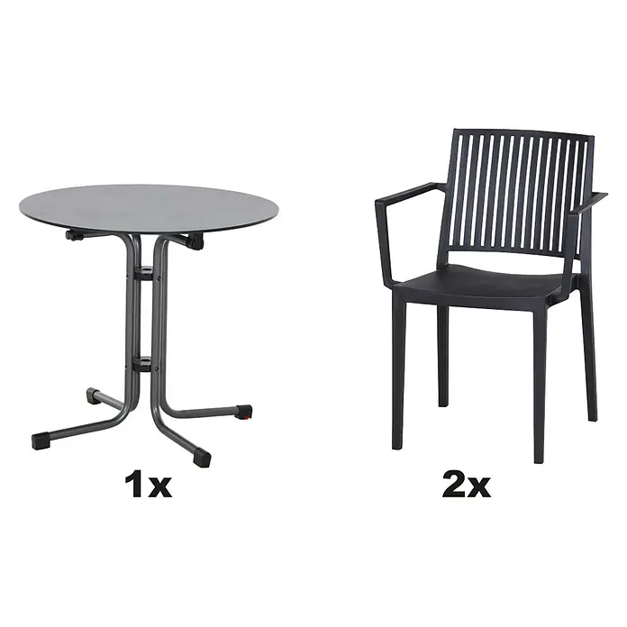 Siena Garden Urban Lights Gartenmöbel-Set Lane Sessel/Sola Tisch - 3 -tlg., Polypropylen, Hochdruck-Schichtpressstoff (HPL), Anthrazit - Abbildung eines grauen Gartentisches und zwei passenden Stühlen.