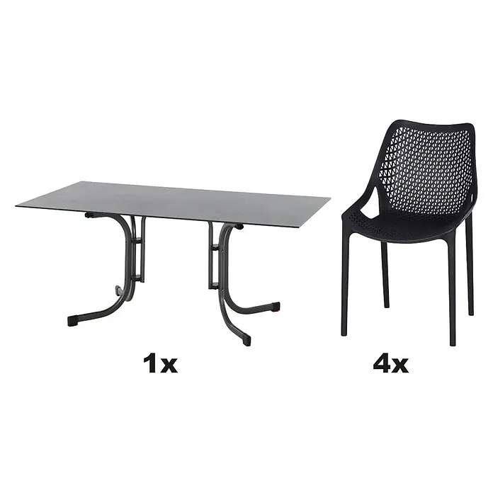 Siena Garden Urban Lights Gartenmöbel-Set District Sessel/Sola Tisch - 5 -tlg., Polypropylen, Anthrazit - Bild zeigt ein Gartentisch-Set mit einem Tisch und vier Stühlen in Schwarz, ideal für den Außenbereich.