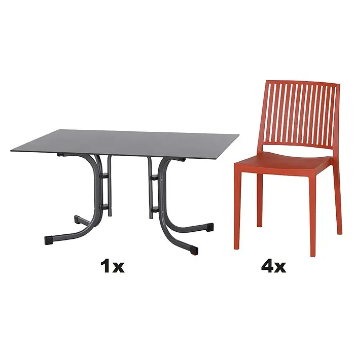Siena Garden Urban Lights Gartenmöbel-Set Lane Stuhl /Sola Tisch - 5 -tlg., Polypropylen, Brick/Anthrazit - Gartenset mit einem grauen Tisch und vier orangefarbenen Stühlen, ideal für Mahlzeiten im Freien.