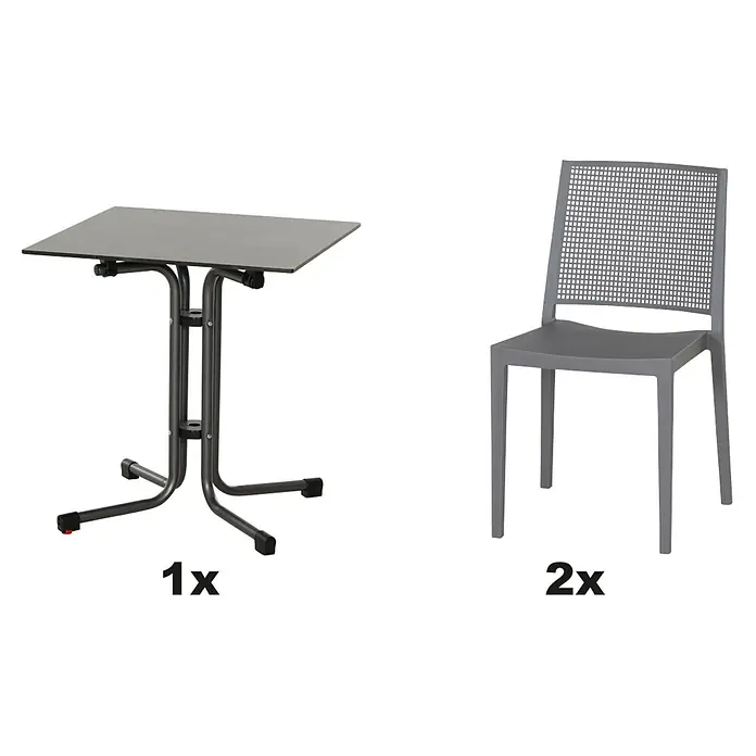 Siena Garden Urban Lights Gartenmöbel-Set Square Stuhl/Sola Tisch - 3 -tlg., Polypropylen, Grau/Anthrazit - Abbildung eines grauen Klapptisches und zwei grauer Stühle mit Netzrückenlehne für den Außenbereich.